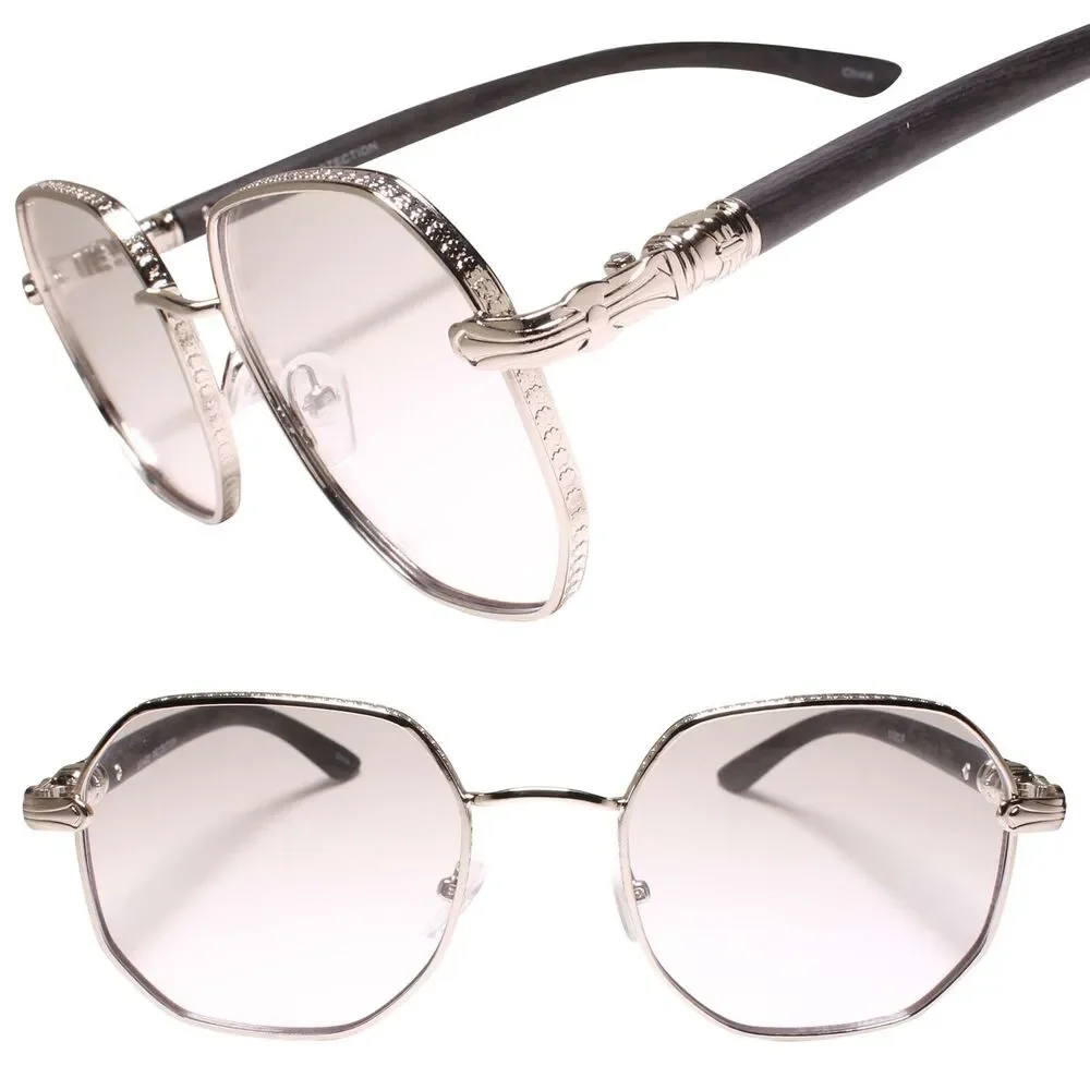 Silver Elegant Ornate Frame Faux Wood Temple Square Clear Lens Glasses